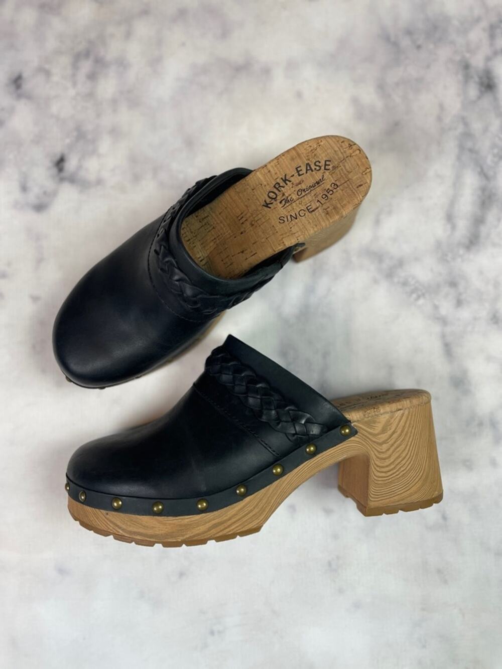 Kork-Ease Black Leather Braided Clog Mules with Wood Heel